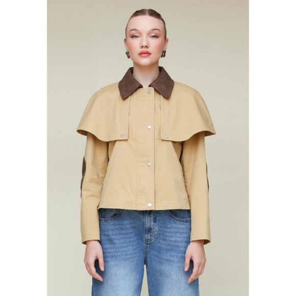Last Chance! New Avec Les Filles Cotton Cape Faux Leather Trim Jacket Khaki - Picture 4 of 7